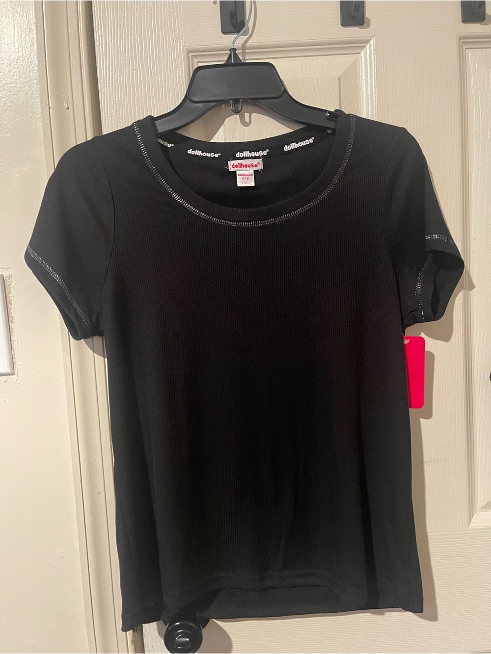 Dollhouse Black Ribbed Short Sleeve Tee with Contrast Stitching